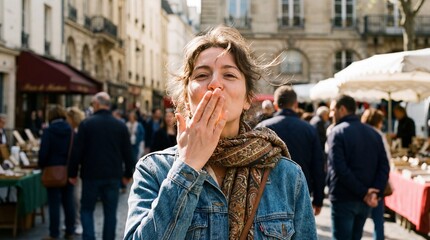 Smiling woman blowing kiss in market. Woman sends kiss to camera, kiss gesture for valentines day message, mothers day greeting, womens day promo, sunny city travel mood, urban lifestyle concept