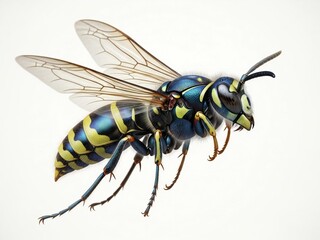 Vibrant blue and yellow striped wasp in flight isolated on white background