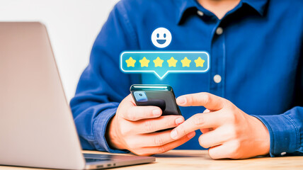 Man with blue shirt using smartphone to give a positive review with happy face and six stars feedback