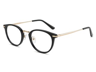 Stylish black and gold eyeglasses with round frames isolated on white background