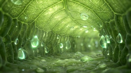 瑞々しい緑の葉脈内部を流れる水滴と細胞構造のミクロな世界 generative ai