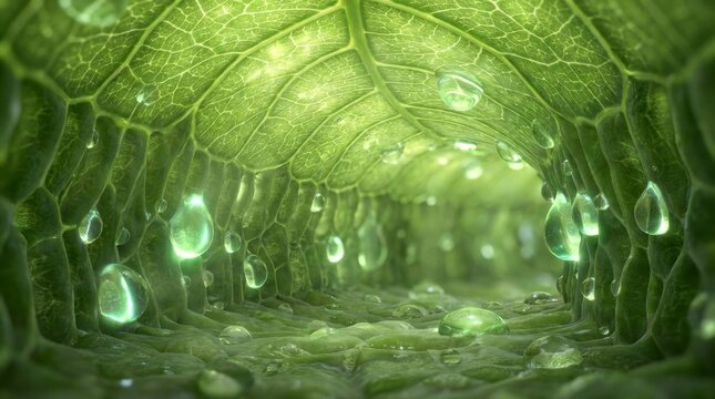瑞々しい緑の葉脈内部を流れる水滴と細胞構造のミクロな世界 generative ai