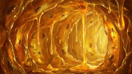 黄金色の琥珀や蜂蜜に閉じ込められた古代の昆虫と粘液の洞窟 generative ai