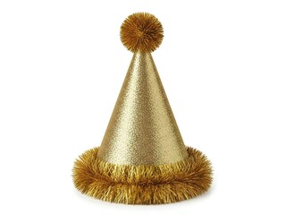 Elegant golden party hat with tinsel trim and pom pom isolated on white background