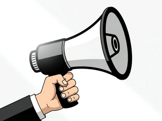 A professional hand holding a megaphone to make an announcement isolated on white background