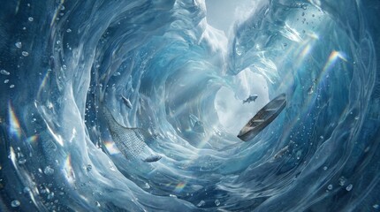 凍りついた巨大な波のトンネルを進む小舟と氷の中の魚たち generative ai