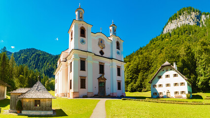 Naklejka premium Maria Kirchental sanctuary on a sunny summer day at Sankt Martin bei Lofer, Zell am See, Salzburg, Austria