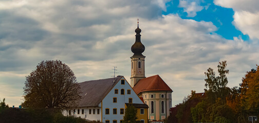 Church on a cloudy summer day at Oberding, Erding, Bavaria, Germany