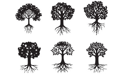 Obraz premium Tree with Roots Silhouette Set – Nature, Growth, and Life Symbol Designs .