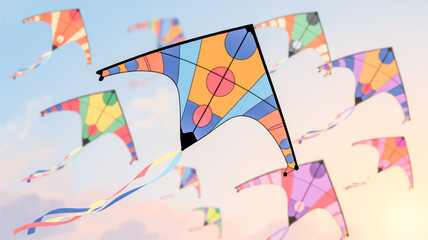 Colorful kites with geometric patterns flying in a cloudy sky during daytime clouds
