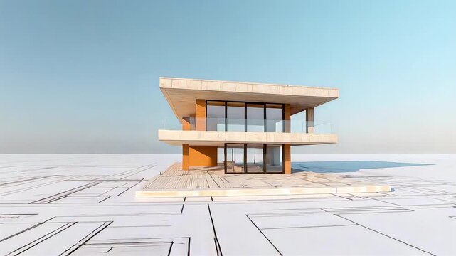 Minimalist modern house standing on clean geometric plane with glass and wood facade under clear sky showcasing contemporary architectural design