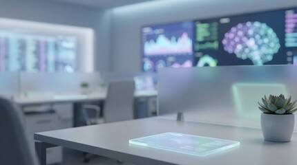 Futuristic office space with advanced technology displays and holographic interface on desk
