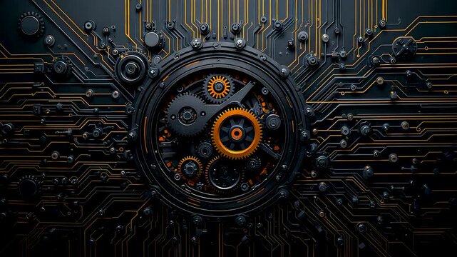Intricate mechanical core embedded in dark circuit board with glowing gears and electronic pathways showcasing advanced engineering precision