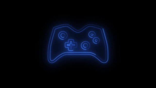 Glowing blue neon gamepad icon with a glitch reveal animation on a dark background. Video game and streaming culture concept. 4k video	
