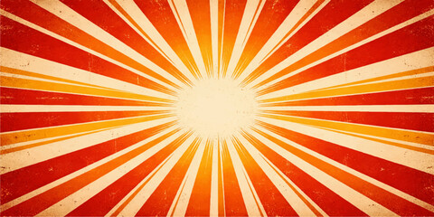 Abstract sunburst vector illustration featuring a bright orange and yellow radial ray pattern with a summer sunrise glow and starburst explosion design for a vibrant background wallpaper

