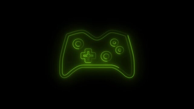 Glowing green neon gamepad icon with a glitch reveal animation on a dark background. Video game and streaming culture concept. 4k video	
