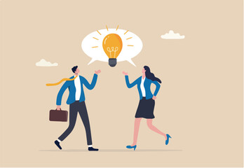 Communicate idea in business discussion, effective communication to brainstorm and come up with solution or result concept, businessman and woman coworker talking speech bubble with lightbulb idea.