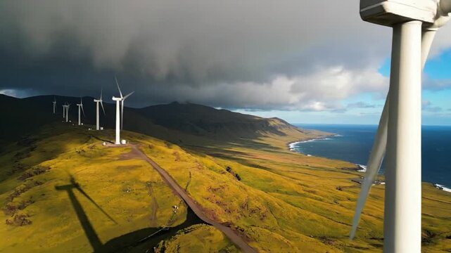 Wind Turbines on the Horizon: A breathtaking vista unfolds as wind turbines gracefully dot the rolling hills, harnessing the power of the wind against a dramatic, stormy sky.