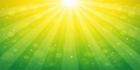 Abstract green background with a bright yellow sunburst and glowing rays of light creates a sunny spring wallpaper design featuring a vector energy explosion and summer sky backdrop © Hena2