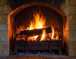 Obraz premium Cozy Fireplace with Burning Logs and Warm Flames.