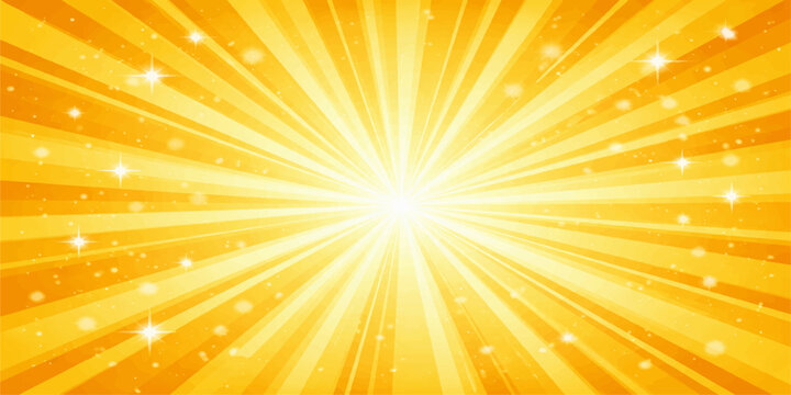 Abstract vector background featuring a bright yellow sunburst with orange rays and a warm summer light beam design for a sunny starburst illustration