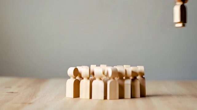 Wooden figures arranged on table with magnet lifting one person from group showing selective choice in modern office setting