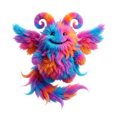 Obraz premium Fluffy Colorful Fantasy Creature with Horns and Wings isolated on Transparent Background