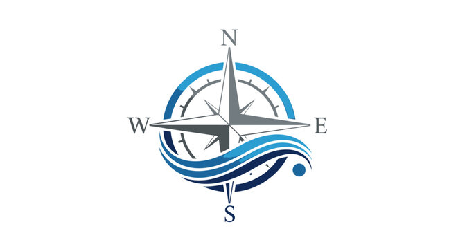 Compass Rose with Ocean Waves, navigation and marine exploration logo, isolated white background