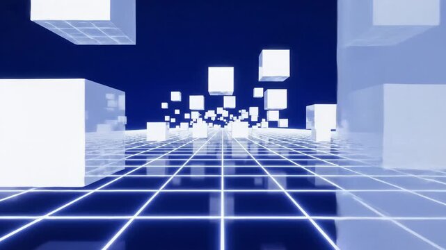 Abstract floating white cube array on blue grid background illustration