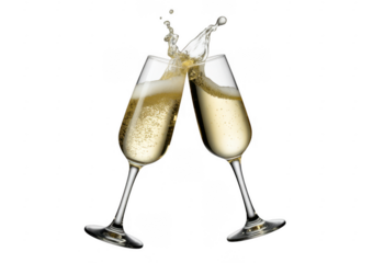 Champagne glasses clinking together with splashing liquid isolated on a transparent background