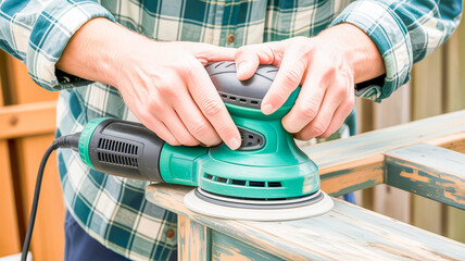 Close-up of hands using an orbital sander on weathered wood woodworking renovation