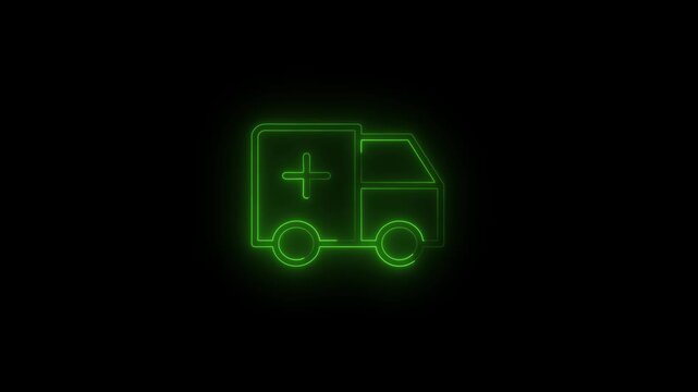 Neon ambulance icon with a medical cross. Represents emergency medical services, swift healthcare, first aid and hospital transport. Neon green color ambulance icon on black background.