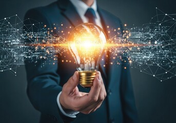 A businessman in a suit holds a glowing incandescent light bulb, symbolizing innovation, ideas, and technological advancement with digital network connections