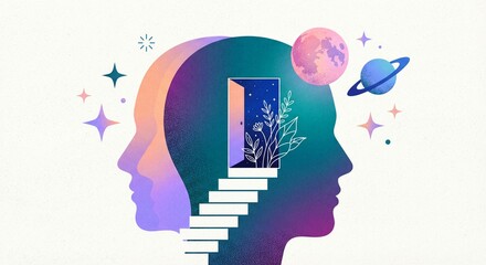 Surreal Illustration of Human Head with Doorway to Universe - Imagination and Mental Health Concept
