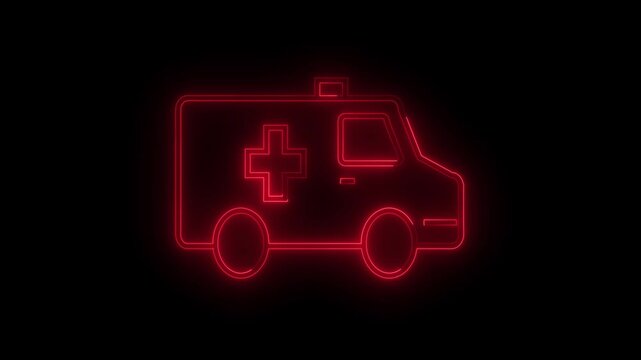 Neon ambulance icon with a medical cross. Represents emergency medical services, swift healthcare, first aid and hospital transport. Neon red color ambulance icon on black background.