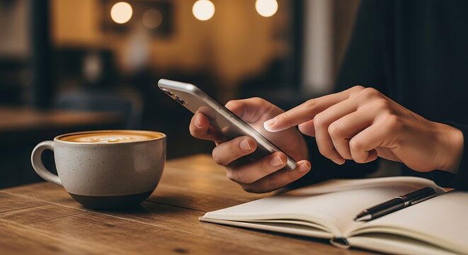 Person using smartphone with coffee and notebook on wooden table. - Powered by Adobe