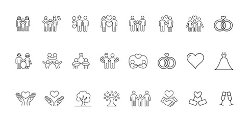 Family and relationship line icons showing diverse groups love support unity and marriage symbols