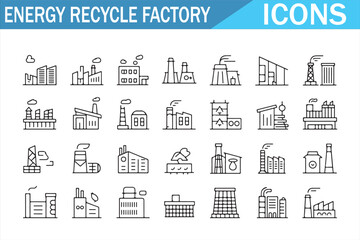 Energy Recycle Factory Icons Set in Line Style, Eco Industrial Power Plant and Renewable Manufacturing Buildings Outline Vector Illustration