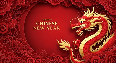 Happy chinese new year greeting with golden dragon and red background