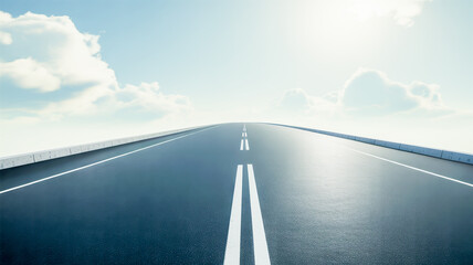 Endless asphalt road stretching towards a bright sky with fluffy clouds highway