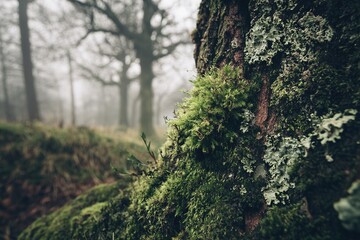 Forest landscape with stones covered green moss. Beautiful nature background. Moss detail close up, soft focus