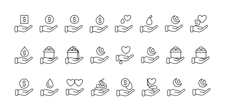 Collection of charitable donation icons showing hands giving money water food and love charity concepts.