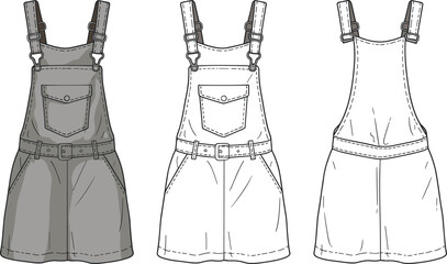 Technical fashion illustration of a denim overall pinafore dress with front pocket belted waist and adjustable shoulder straps