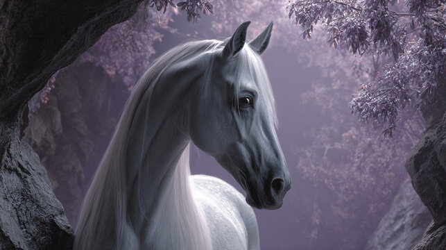 A beautiful, sleek silver gray Andalusian horse against a backdrop of soft lavender & pewter trees