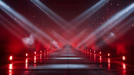 Dramatic Red Lit Runway Stage with Spotlights and Smoke