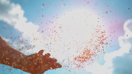 Naklejka premium LENS FLARE: Bright summer sunbeams shine on farmer's hand scattering wheat seeds