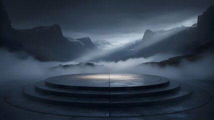 Dramatic Spotlight on a Circular Stage in a Misty Landscape