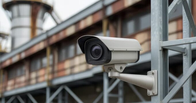 Security camera mounted on metal pole outside industrial building, surveillance system, CCTV camera, monitoring industrial area