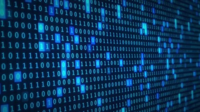 Abstract digital stream of glowing blue binary code numbers flowing on a dark background, representing data transfer and technology. High tech background.