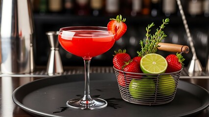 Cocktail with Strawberry Garnish and Fresh Fruit Basket on Bar Tray